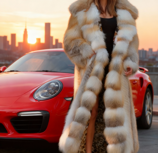 Plus Size, Women's Winter Coat Hooded Long Jacket with -Like Collar - Luxurious White Trim, Warm Patchwork Design, Machine Washable - Beige/Brown/ Tones for Cold Weather, Casual Outerwear (No Loss) Coat for Parties & Everyday