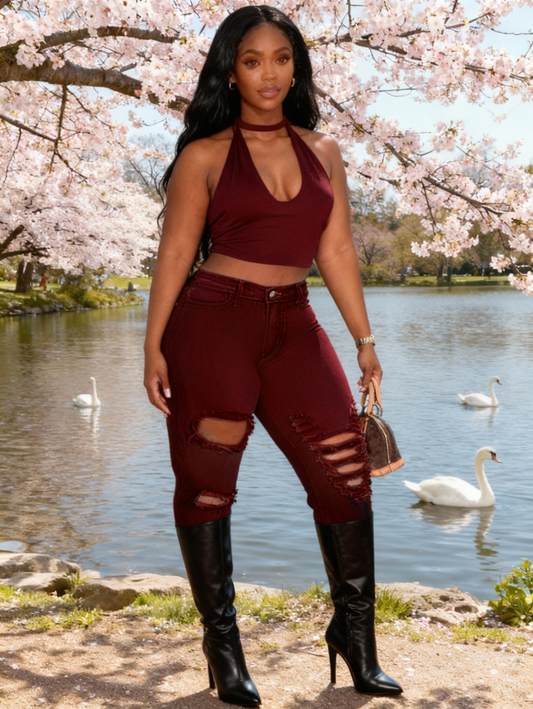 Y2K Women's High Elasticity Mid-Rise Ripped Skinny Jeans with Butt Lift - Plus Size Cropped Denim Pants, Stretchy Streetwear Style for All-Season Wear, Trendy Casual Outfit, Solid Color Design