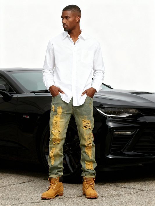 LZLER Men'S Creative Hole Ruined Distressed Stretch Slim Fit Jeans Trousers, Fashion Stacked Street Hip Hop Gradient Style Jeans Casual And Comfortable Suitable For All Seasons