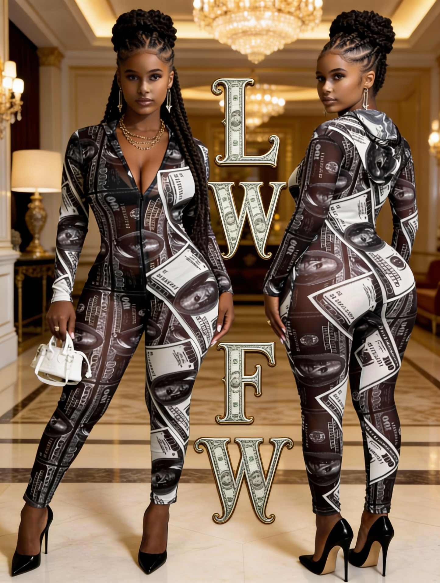 Full Lace Printed Fitted Jumpsuit, Ruched Neckline with Bag, Body-hugging Design, Stunning Neckline Back. The Wearable Face Body Wraps are Suitable for Women at All Ages, Making Anyone Smaller and Lovelier.