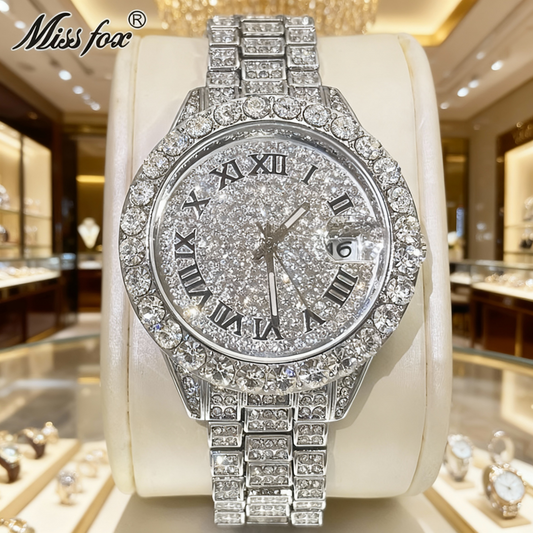 MISSFOX Elegant Quartz Watch for Women - Luminous, Round Alloy Case, Hip-Hop Iced-Out Design with Sparkling Crystals, Perfect for Casual or Formal Wear, Ladies Watches