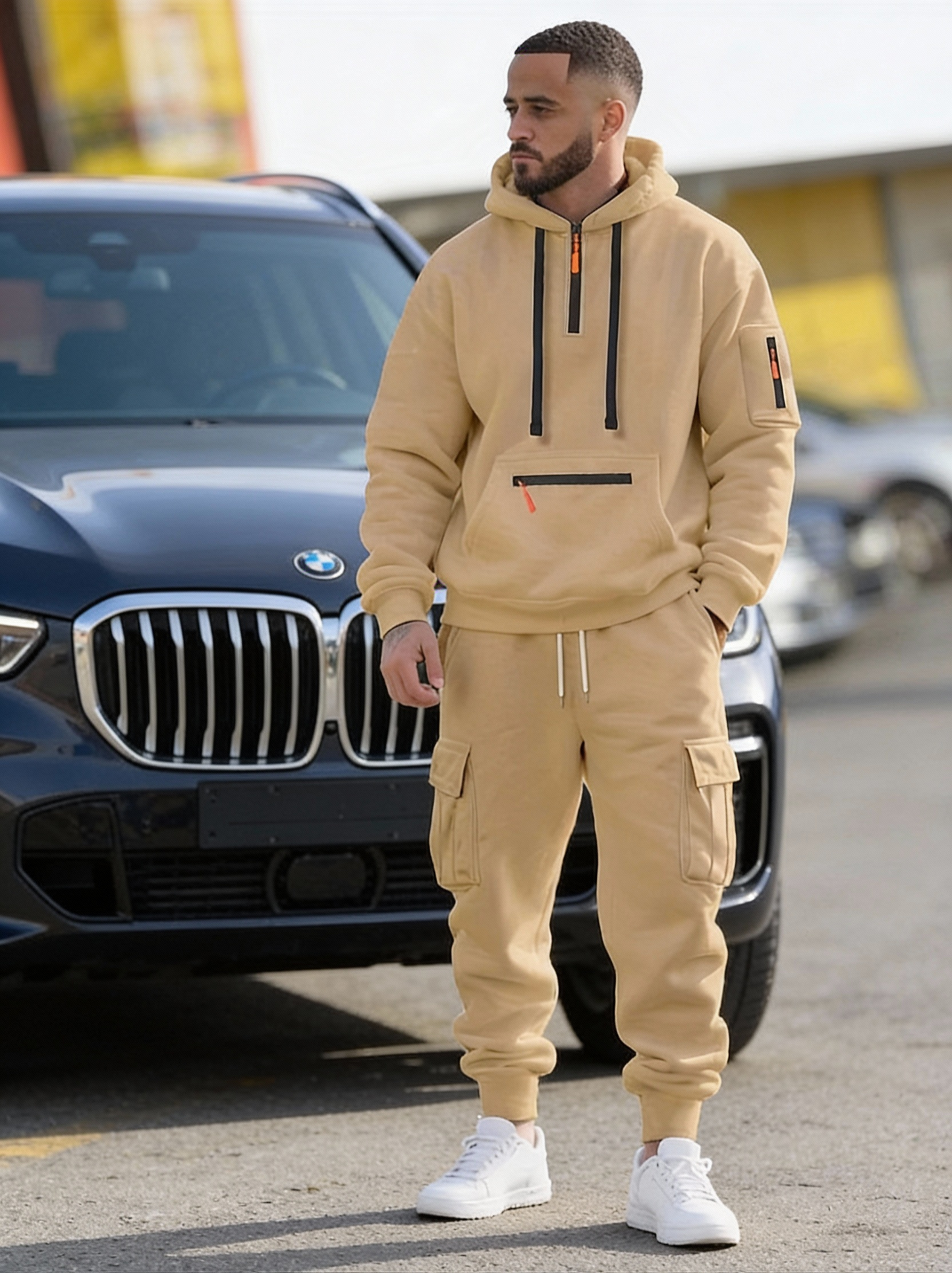 Men'S Style Casual Sportswear Set - Thickened Hooded Sweatshirt & Joggers with Pockets, Long Sleeve, Regular Fit, Solid Color, Button Detail, Fall/Winter Collection