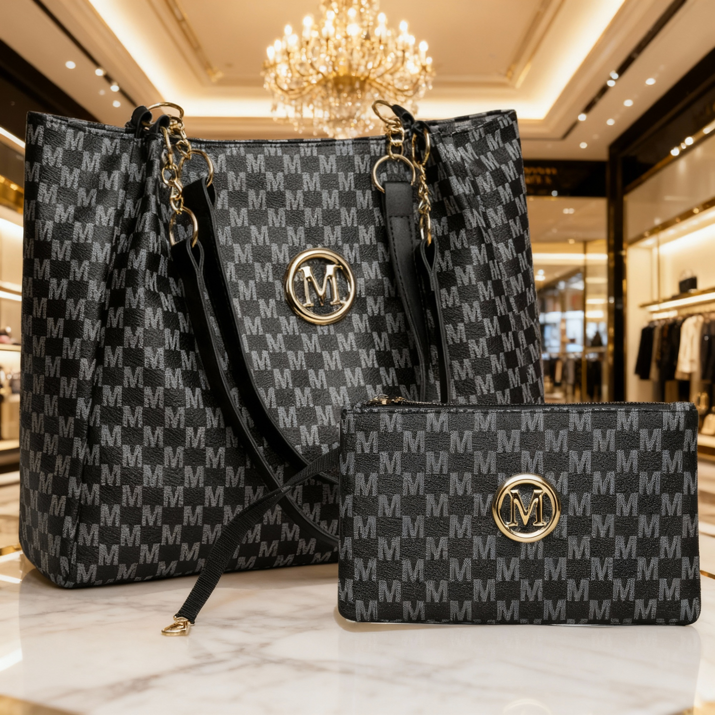 Perfect Lily "M" Logo Tote Bag - Elegant Black & White Checkered Shoulder Bag with Golden Hardware, Large Capacity for Daily Commute, Shopping, Travel - Ideal Gift for Women, Commute Bag|Checkered Pattern Bag|Durable Zippers,