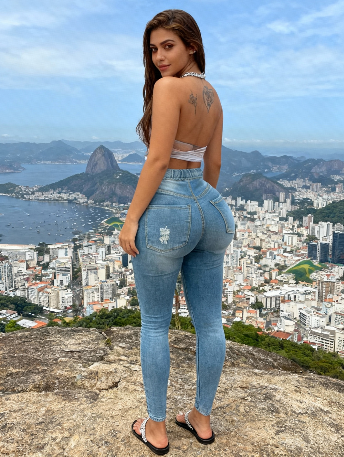 Versatile Blue Washed Skinny Fit Women's Denim Jeans - Drawstring Elastic Waistband Ripped Raw Hem Plain - Denim Pants & Clothing