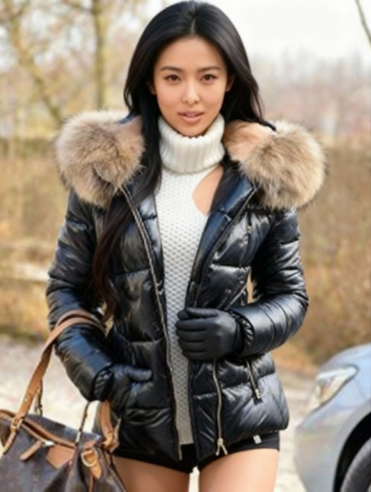 Plus Size - Plus Size - Plus Size Women'S Elegant Hooded Winter Jacket - European & American Style Warm Mid-Length Coat with Full-Zip Front Closure, Soft Pink Fur Collar & Long Sleeves, Cozy Insulated Outerwear for Fall/Winte