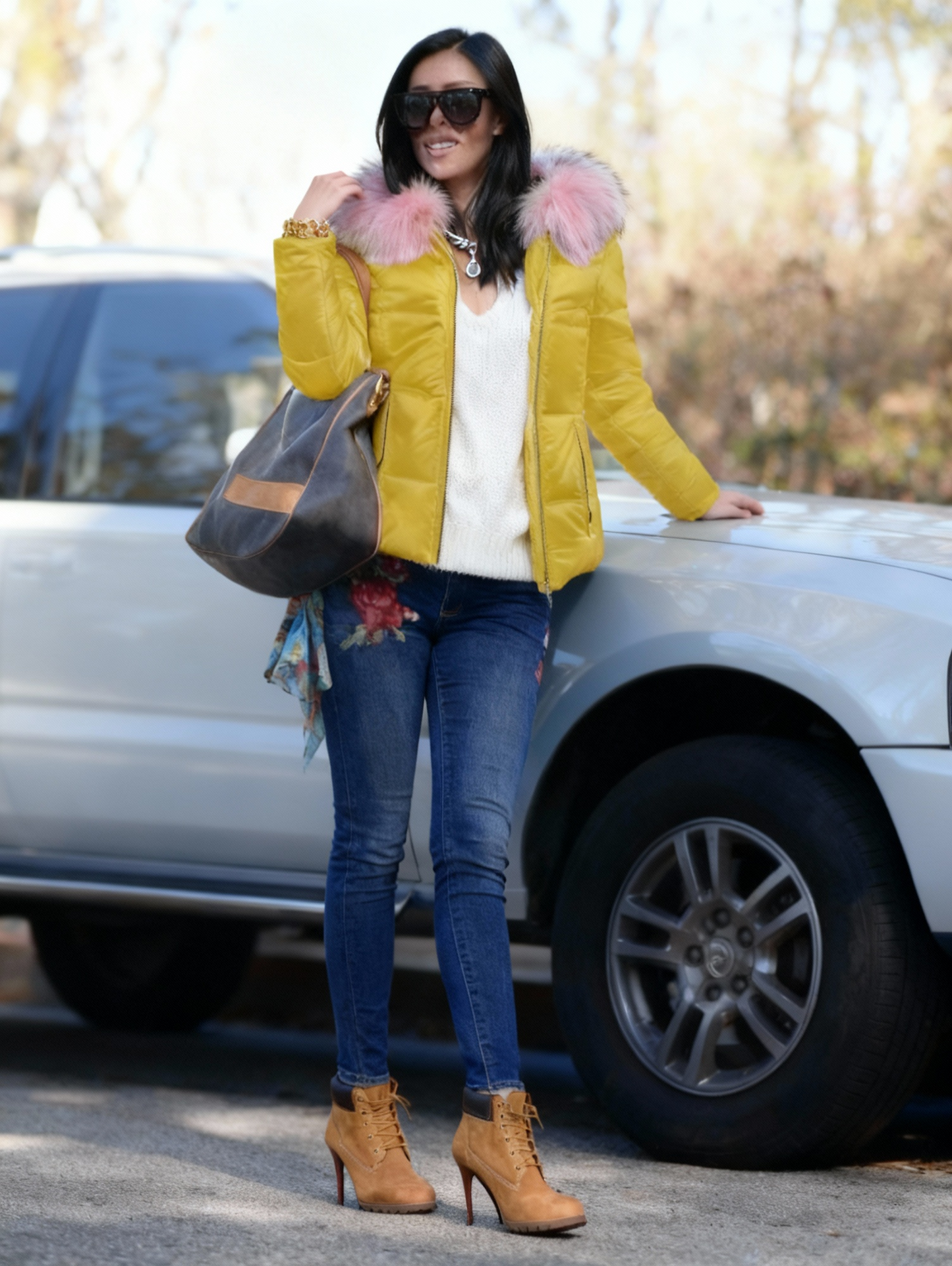 Plus Size - Plus Size - Plus Size Women'S Elegant Hooded Winter Jacket - European & American Style Warm Mid-Length Coat with Full-Zip Front Closure, Soft Pink Fur Collar & Long Sleeves, Cozy Insulated Outerwear for Fall/Winte