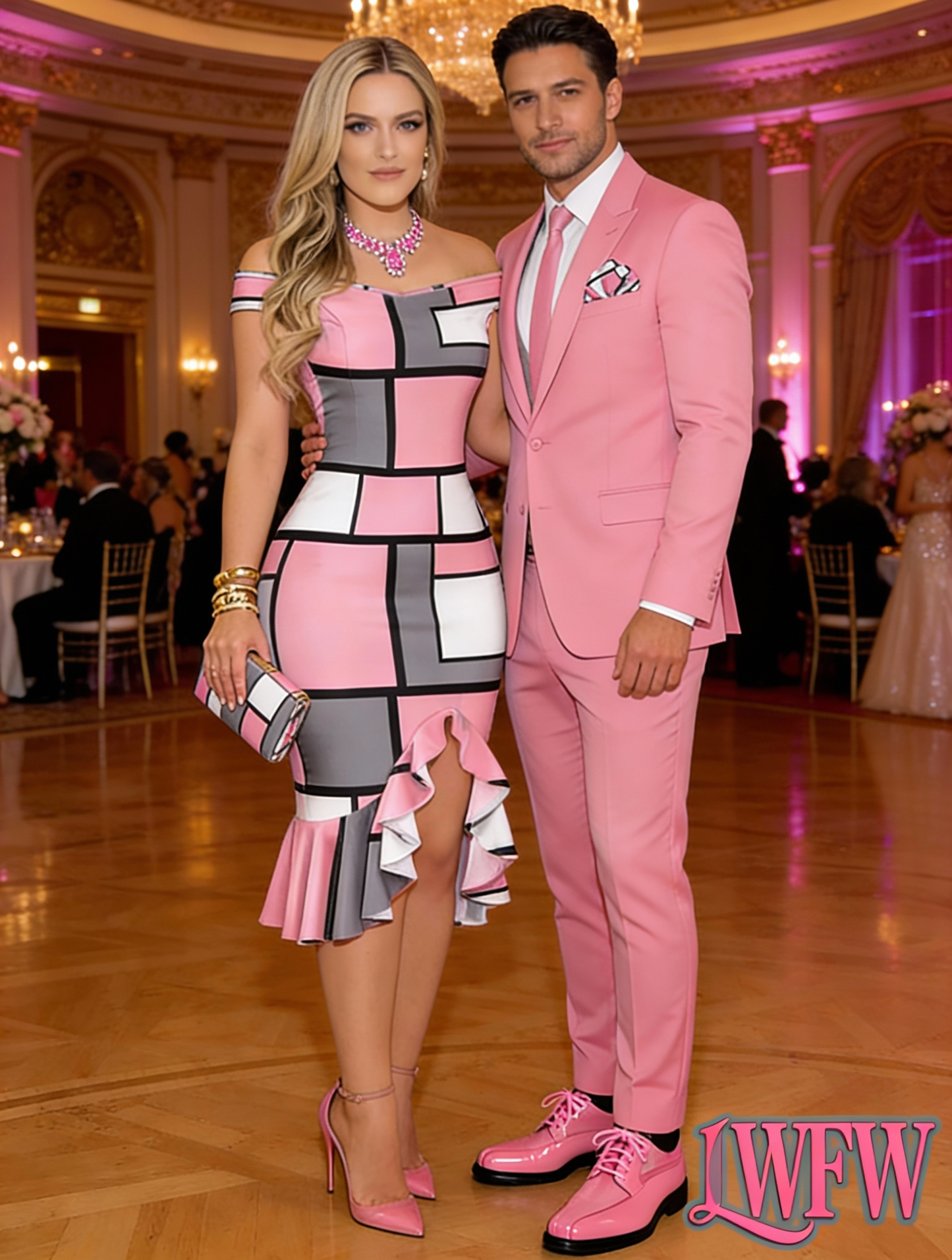 Chic Off-Shoulder Plaid Midi Dress for Women -  & Black Geometric Print, Ruffled Hem, Sleeveless A-Line Dress for Spring/Summer, Perfect for Casual or Office Wear, Spring Summer Dress | Geometric Print Dress | Polyester Fabri