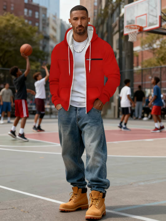 Men'S Red Polyester Hoodie with "FACE TIME" Print - Lightweight, Durable, and Stylish Design, Zip-Up Closure, Perfect for Sports, Travel, and Casual Wear in Various Seasons and Weather Conditions, Casual Wear Hoodie | Trendy