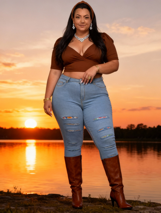 [Plus Size Denim] Plus Size Women's Skinny Fit Denim Pants | Plain Washed Blue Casual Style Zipper Button Closure