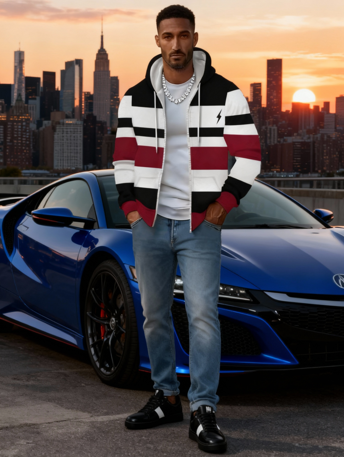 [Men's Lightweight Hoodie] Men's Lightweight Hoodie - Full-Zip Closure Hooded Sweatshirt, Black/White/Red Color Block Pullover for Fall/Winter, Casual Streetwear & Outdoor Activities, Everyday Comfort Fit Hooded Sweatshirt, S