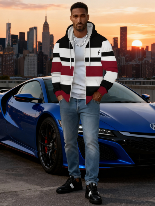 [Men's Lightweight Hoodie] Men's Lightweight Hoodie - Full-Zip Closure Hooded Sweatshirt, Black/White/Red Color Block Pullover for Fall/Winter, Casual Streetwear & Outdoor Activities, Everyday Comfort Fit Hooded Sweatshirt, S