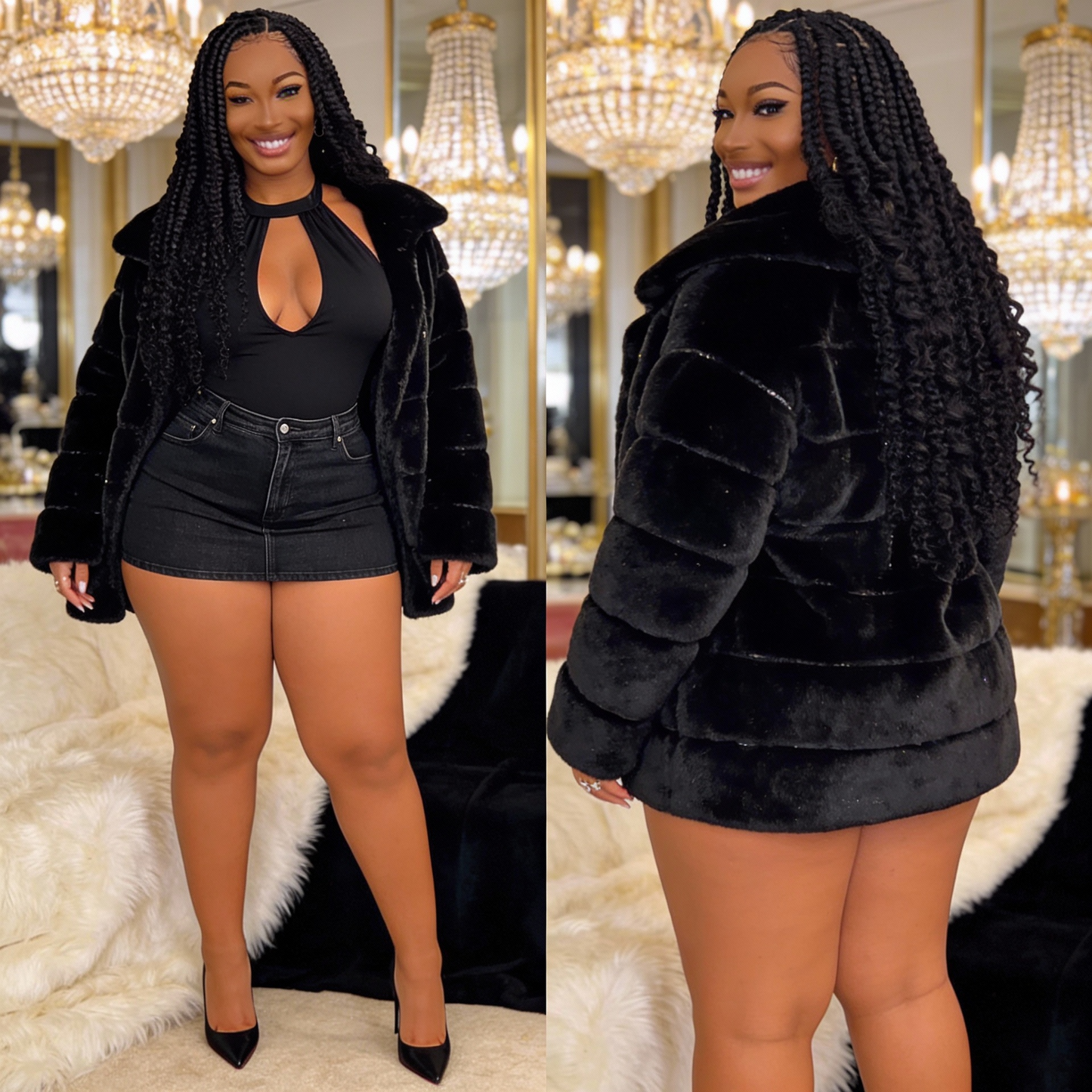 Plus Size - Plus Size - Plus Size - Women'S Plus Size Winter Black Faux Fur Hooded Jacket - Oversized Casual Coat with Zipper Closure, Long Length