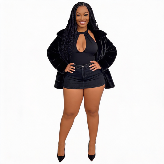 Plus Size - Plus Size - Plus Size - Women'S Plus Size Winter Black Faux Fur Hooded Jacket - Oversized Casual Coat with Zipper Closure, Long Length