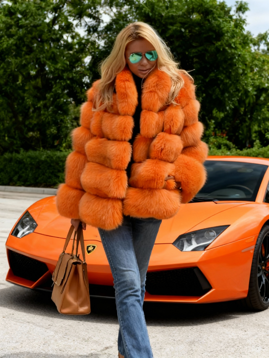 Plus Size - Plus Size - Plus Size Women'S Elegant Winter Jacket - Thickened Warm-Keeping Coat with Luxurious Fur Collar, Solid Color Casual to Formal Outerwear, Open Collar Design & Smooth Non-Stretch Fabric for Fall/Winter,