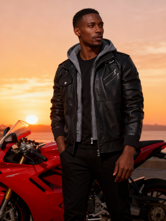 Men's Vintage Bomber Jacket - PU Leather Motorcycle Coat Waterproof Windproof Anti-Tear with Removable Hood, Zipper Closure & Machine Washable - Black Casual Outdoor Riding Jacket for Men & Teens, Durable Zipper Closure
