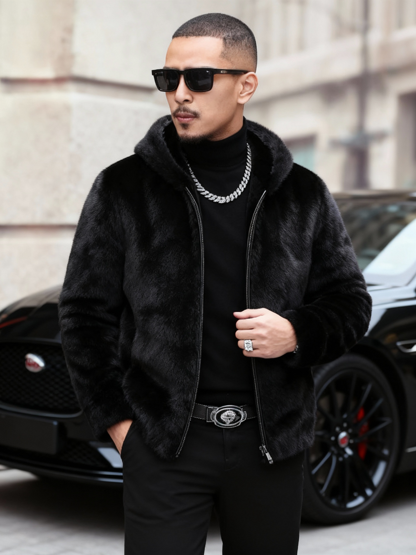 Men's Genuine Mink Fur Coat - Thickened Winter Jacket with Hood, Large Size Full-Length Collar &, Zipper Closure, Machine Washable - Luxurious Cold Weather Outerwear (Casual & Formal) - Faux Fur Jacket for Men