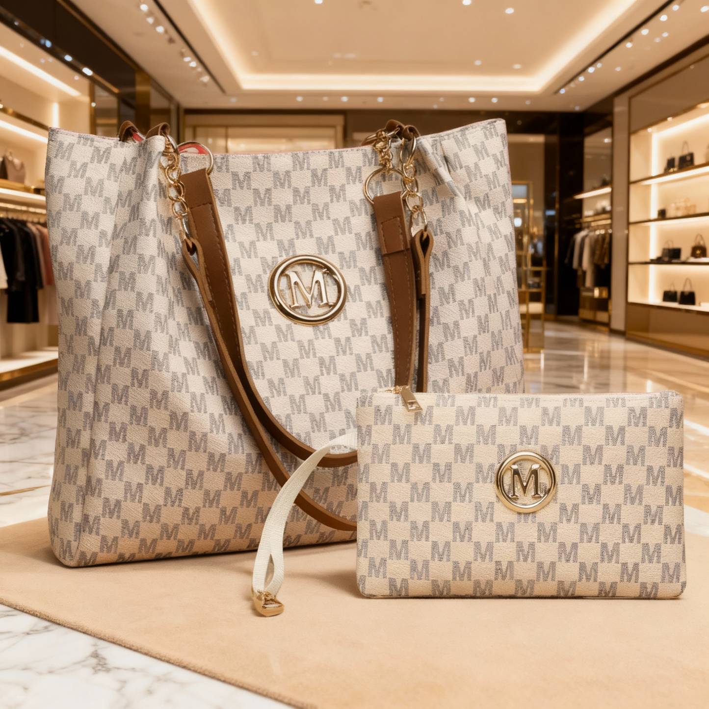 Perfect Lily "M" Logo Tote Bag - Elegant Black & White Checkered Shoulder Bag with Golden Hardware, Large Capacity for Daily Commute, Shopping, Travel - Ideal Gift for Women, Commute Bag|Checkered Pattern Bag|Durable Zippers,