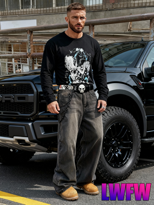 HME Men's Plus Size 1XL-6XL Heavyweight Denim Pants - Oversized Wide Leg Streetwear Hip-Hop Style, Thickened Winter Trousers with Beltless Design & Button Closure, Light Wash Gradient White Distressed Jeans for Casual & Forma