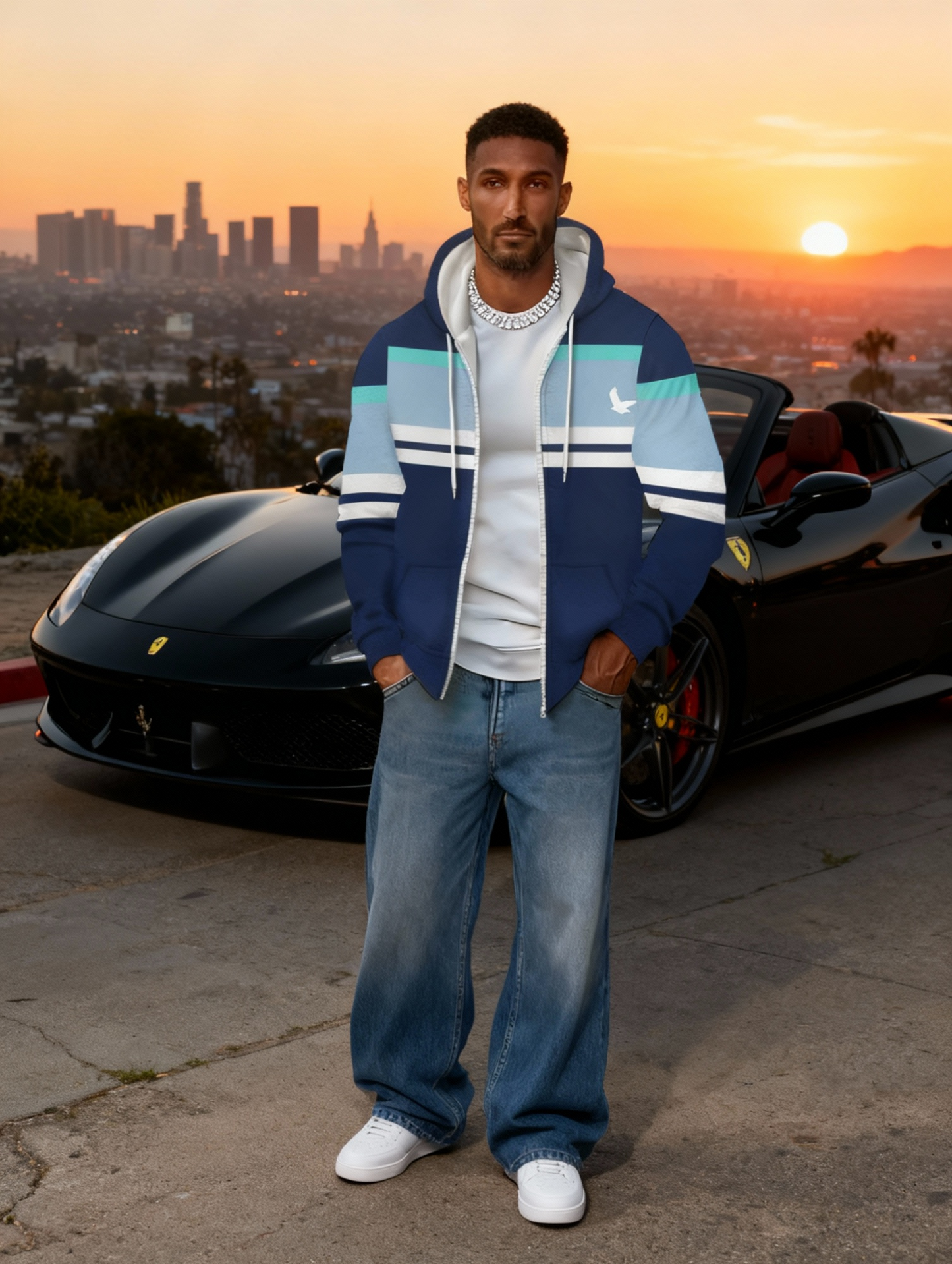 Men'S Lightweight Hoodie - Navy Blue & Aqua Stripes Zip-Up Pullover, Breathable Polyester Hooded Sweatshirt for Gym, Hiking, Casual Outfits - Athletic Casual Attire with Full-Zip Closure, Gym Hoodie, Outdoor Apparel, Sporty D