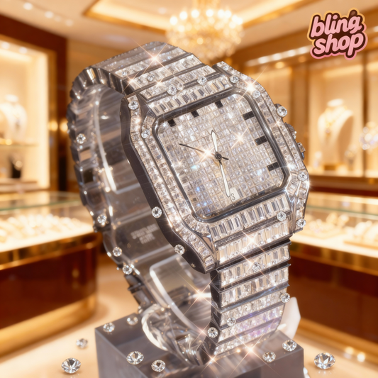Luxury Hip Hop Square Rhinestone Watch - Full Rhinestone Geometric Glow-in-the-Dark Dial, Stainless Steel Band, 30m Waterproof, Mechanical Movement, Elegant Stage Performance Wristwatch for Christmas, Thanksgiving, Valentine'
