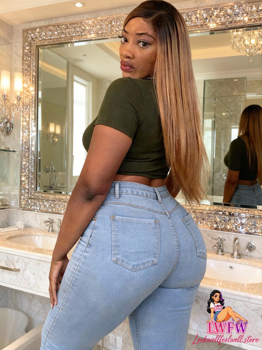 [Plus Size Denim] Plus Size Women's Skinny Fit Denim Pants | Plain Washed Blue Casual Style Zipper Button Closure