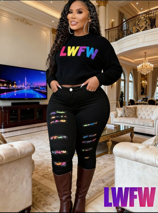 Women's Plus Size Casual Skinny Printed Patchwork Ripped Denim Jeans With Stretch, Full Length Pencil Pants, Fashion Printed Trousers