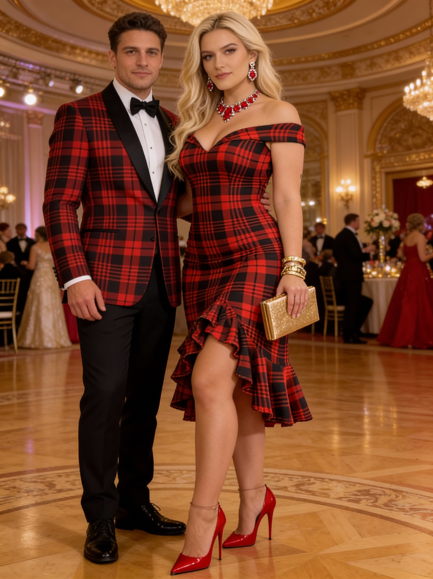 Plus Size, Plus Size Women's Off-the-Shoulder Red & Black Plaid Bodycon Dress with Asymmetrical Ruffled Hem - Summer Casual to Party Wear, Machine Washable, Cute Bodycon Dress