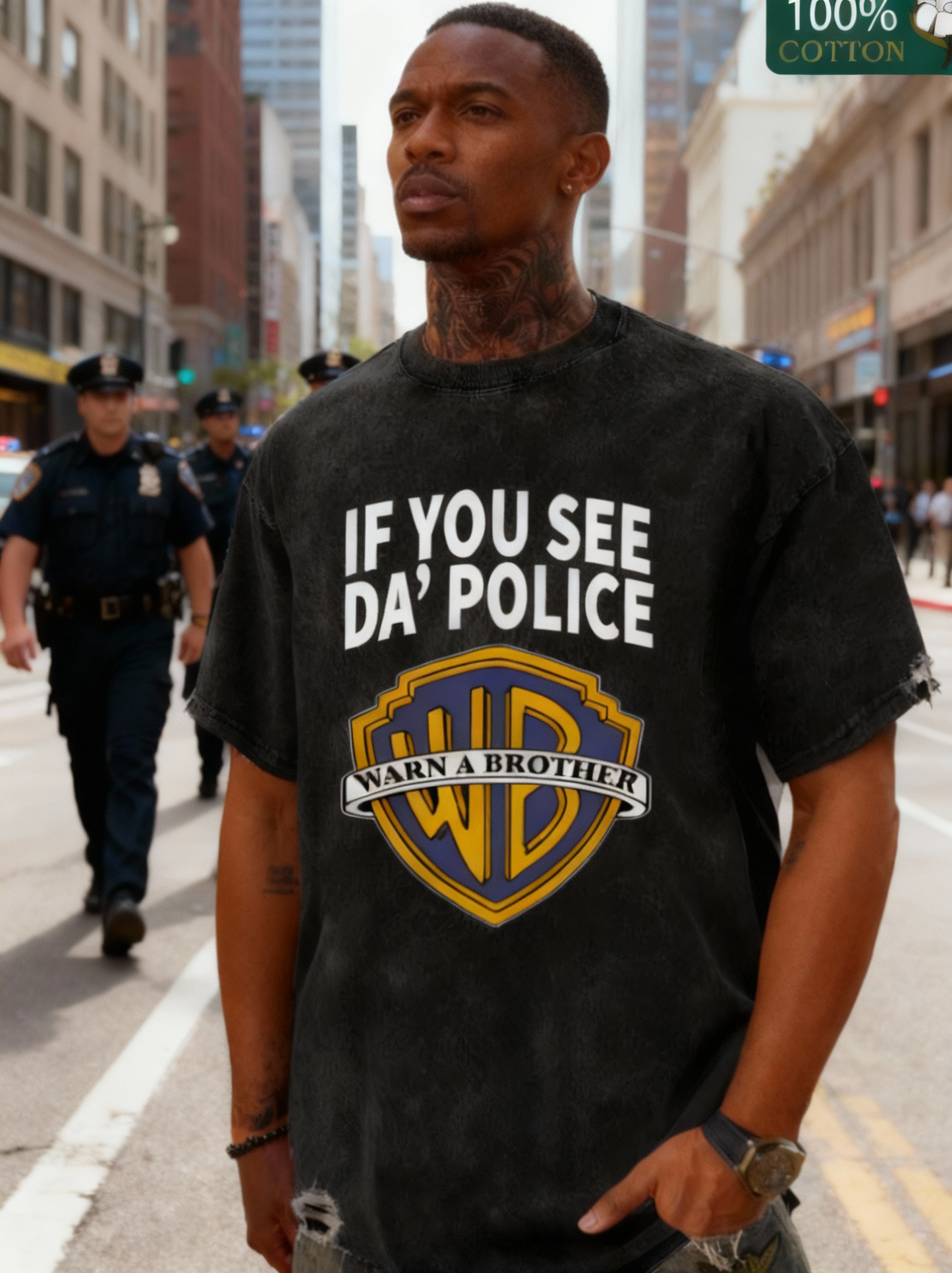 Men's "If You See Da Police" Graphic Cotton T-Shirt - Fun Pop Culture Twist, Distressed Washed Look, Casual Crew Neck Short Sleeve Tee, 230g Thick Cotton, Black with Yellow & White Logo Design, Everyday Clothing | Pop Culture