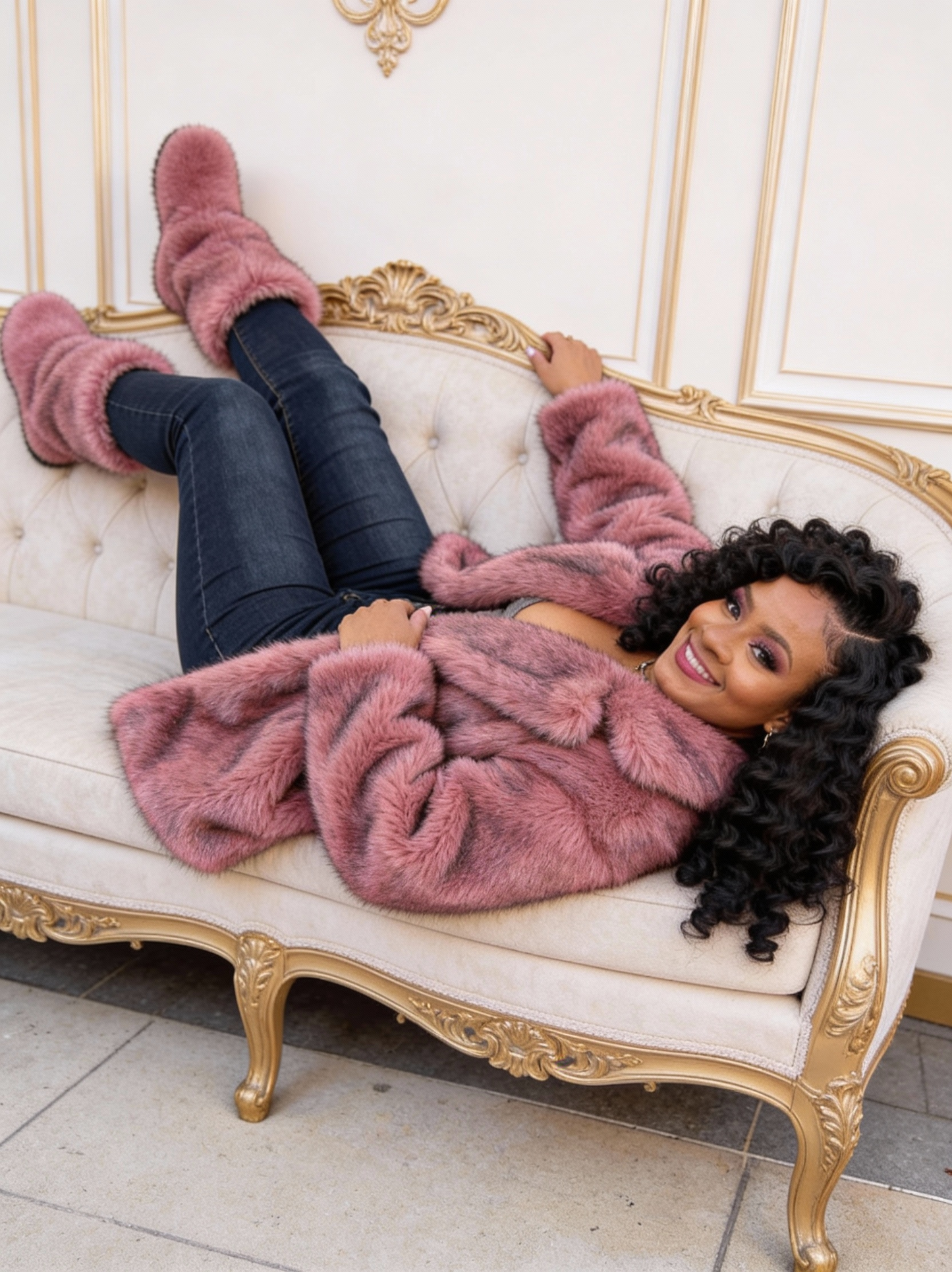 Plus Size - Women'S Plus Size Oversized Fur Coat - Elegant Long Winter Jacket with Metal Chain Collar, Soft Pink Plush Texture, Warm Insulated Outerwear for Fall & Winter