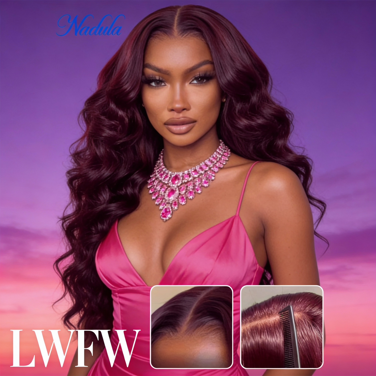 Nadula Lace Frontal Burgundy Plum Layer Cut Wavy Wig - Pre-Cut, Pre-Bleached, Pre-Plucked with Invisible Knots, Density, Loose Waves, Real Human Hair, Unisex Adult