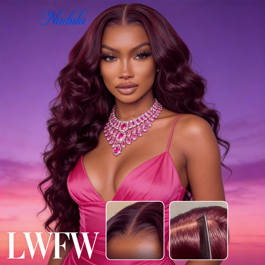 Nadula Lace Frontal Burgundy Plum Layer Cut Wavy Wig - Pre-Cut, Pre-Bleached, Pre-Plucked with Invisible Knots, Density, Loose Waves, Real Human Hair, Unisex Adult