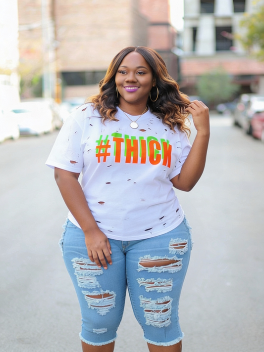 [Plus Size Ripped Denim Shorts]Fashionable Ripped Design And Frayed Hem, Solid Color Versatile - High-waisted, Trendy Street Style.