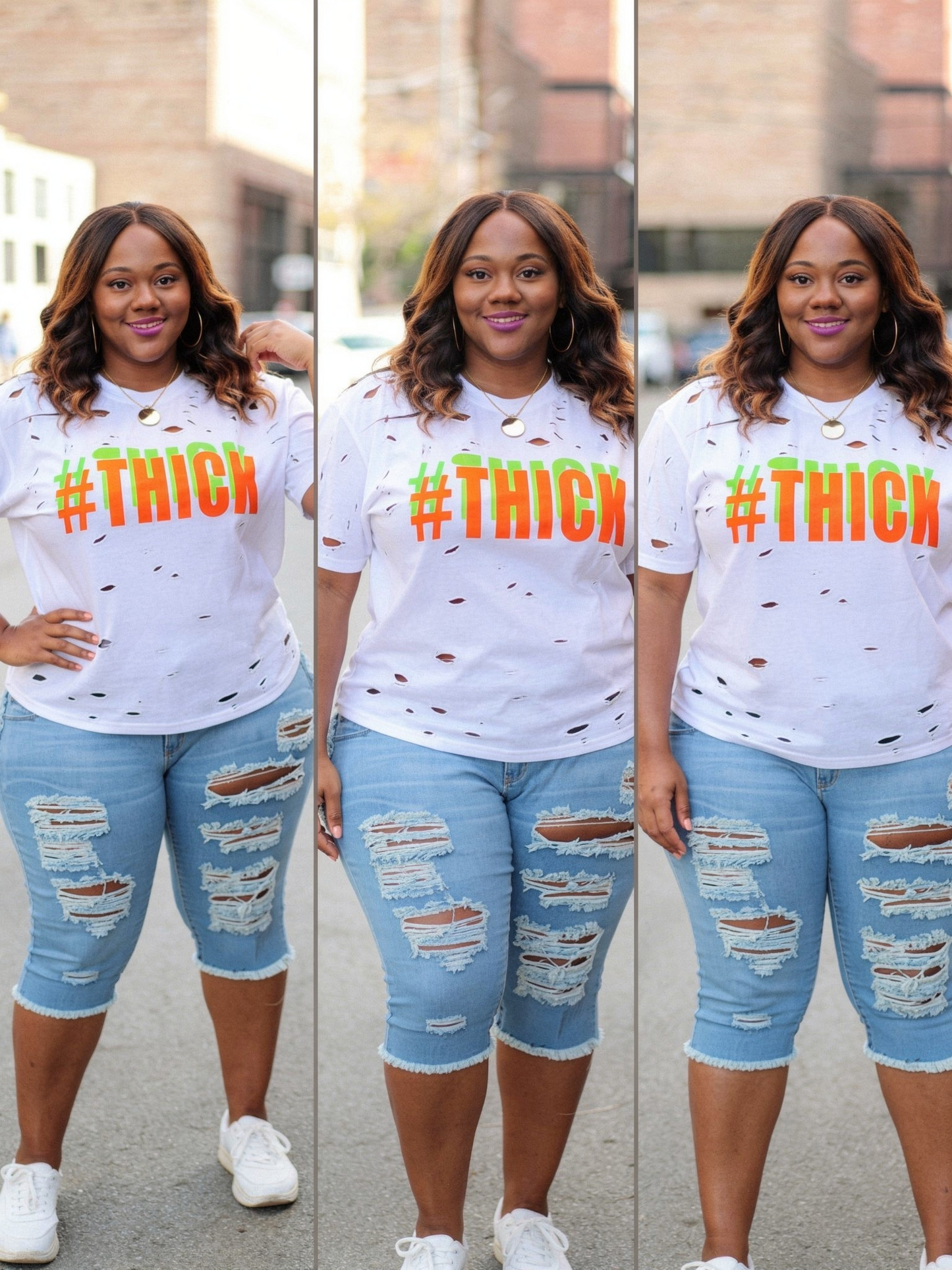 [Plus Size Ripped Denim Shorts]Fashionable Ripped Design And Frayed Hem, Solid Color Versatile - High-waisted, Trendy Street Style.
