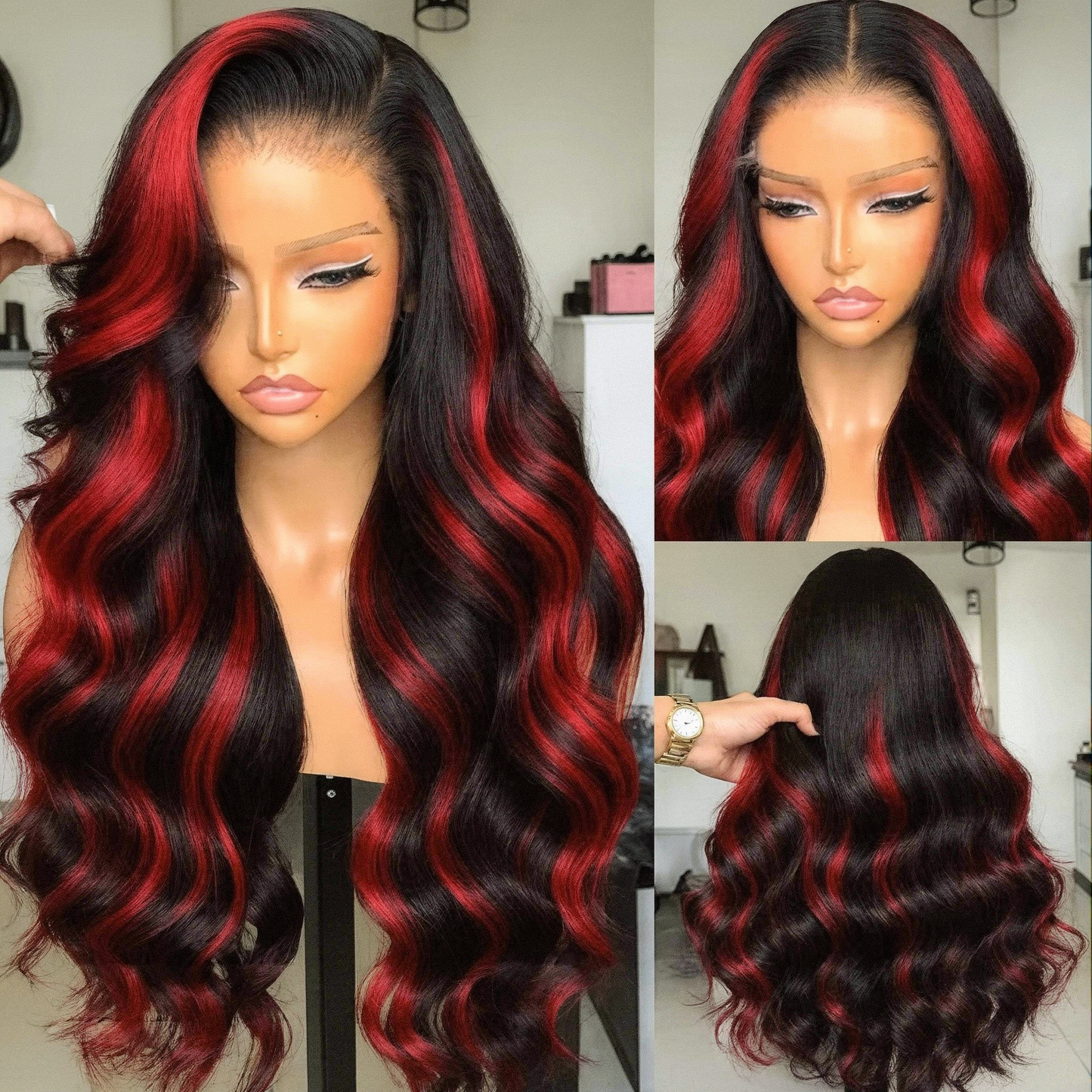 Red Black Human Hair Wigs Highlight Body Wave Human Hair Wigs 5x5 Lace Front Wigs Glueless Wig Colored Curly Human Hair Wigs