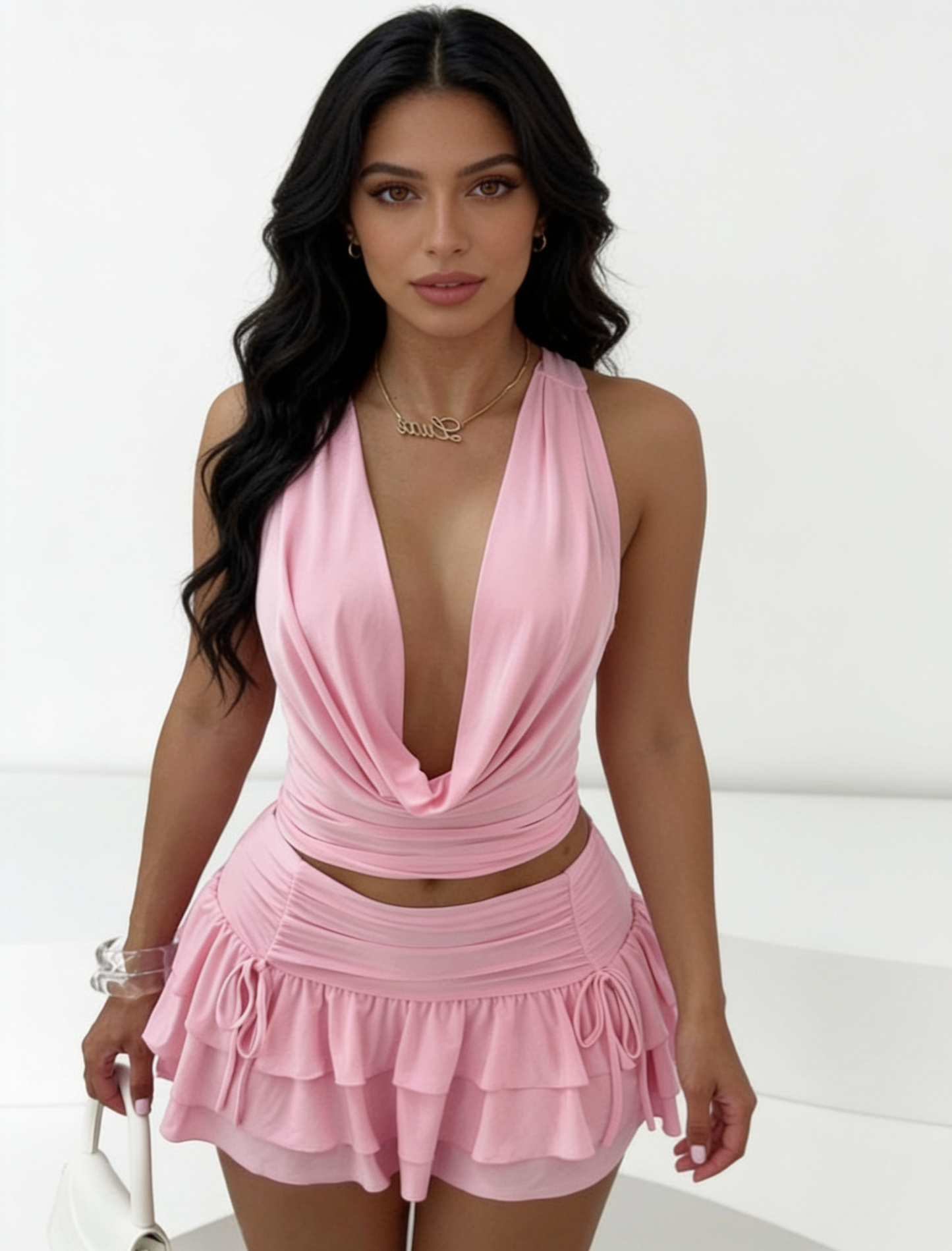 New Hollow Out Crop Top Set- Tie Strap Elastic Tiered Skirt Two-Piece- Women's Designer Matching Set