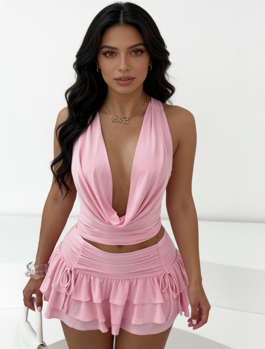 New Hollow Out Crop Top Set- Tie Strap Elastic Tiered Skirt Two-Piece- Women's Designer Matching Set