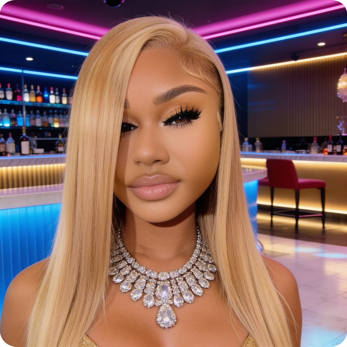 Human Hair Lace Front Wig in Honey Blonde with 200% Density, Featuring a #27 Color, Straight Style, And a 13X4 HD Transparent Design. This Glueless Wig Comes Pre-Plucked with Baby Hair, Perfect for Women