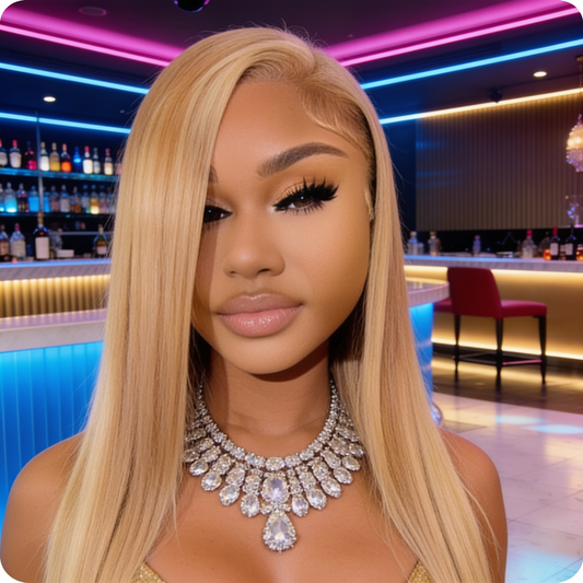 Human Hair Lace Front Wig in Honey Blonde with 200% Density, Featuring a #27 Color, Straight Style, And a 13X4 HD Transparent Design. This Glueless Wig Comes Pre-Plucked with Baby Hair, Perfect for Women