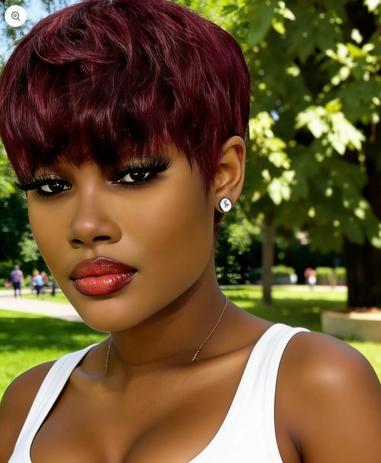 Sale 99J Pixie Cut Human Hair Short Layered Wigs for Women Right Side Long Bangs Wavy Hairstyle Machine Made Wig Burgundy Red C