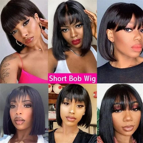 Straight Bob Wig with Bangs Human Hair Wigs for Black Women 2x1 Lace Front Wig