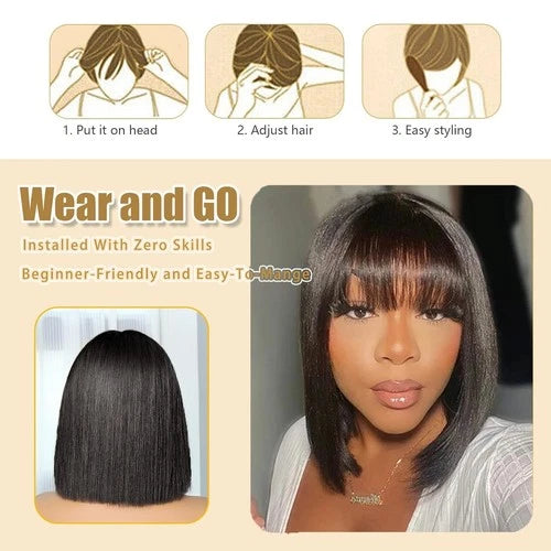Straight Bob Wig with Bangs Human Hair Wigs for Black Women 2x1 Lace Front Wig